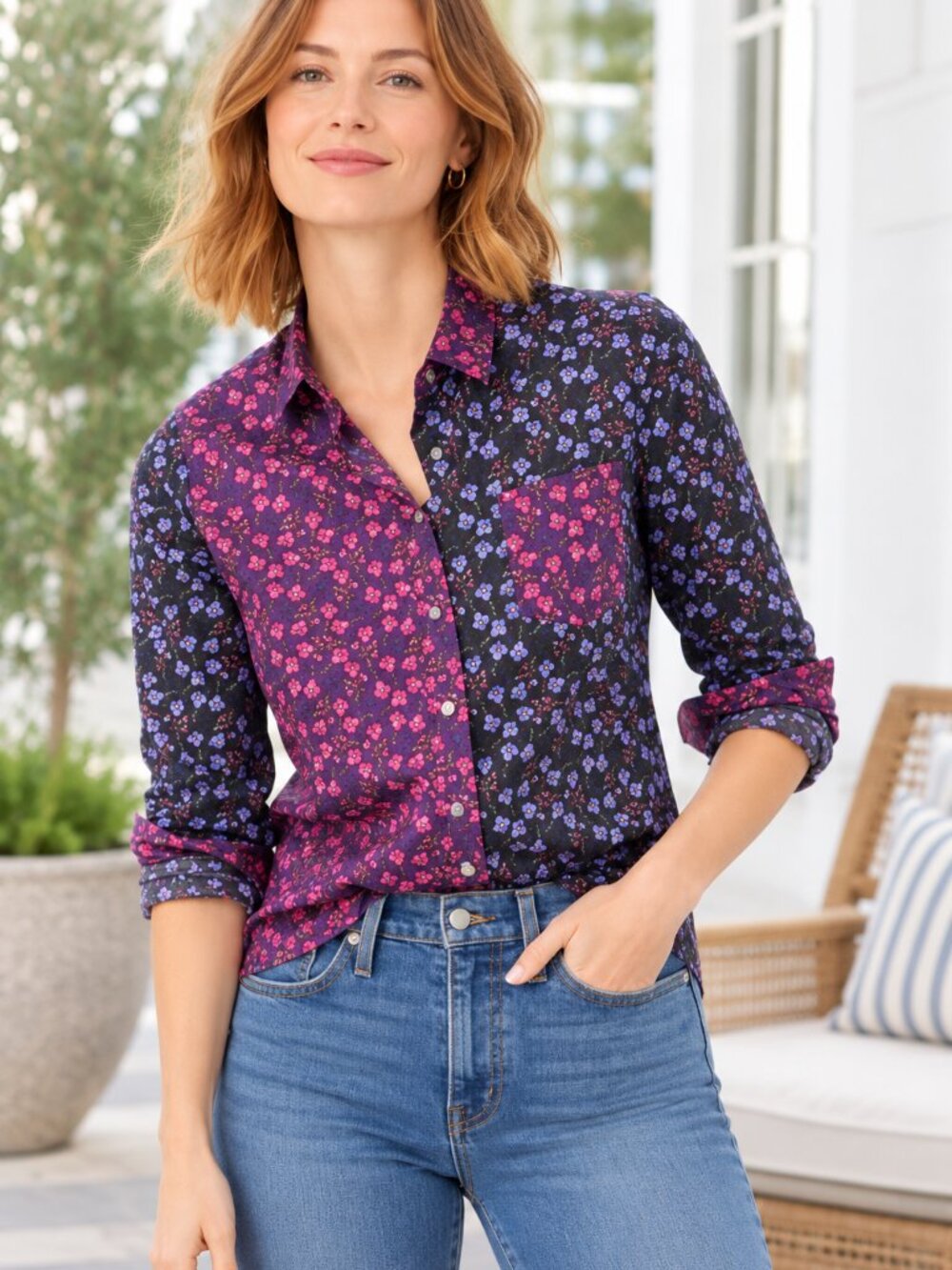 J. Crew Slim Perfect Purple & Pink Floral Shirt in Liberty Mixed Prints Sz 8